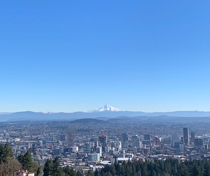 Mt. Hood in the background of Pittock Mansion in Portland